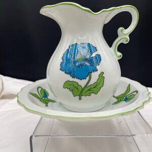 Seven Seas Bath Fashions Small Pitcher and Underplate Blue Poppy Flower Green